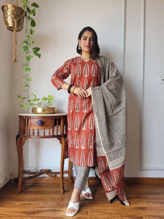 Terracotta Hand Block Printed Cotton Suit for Women