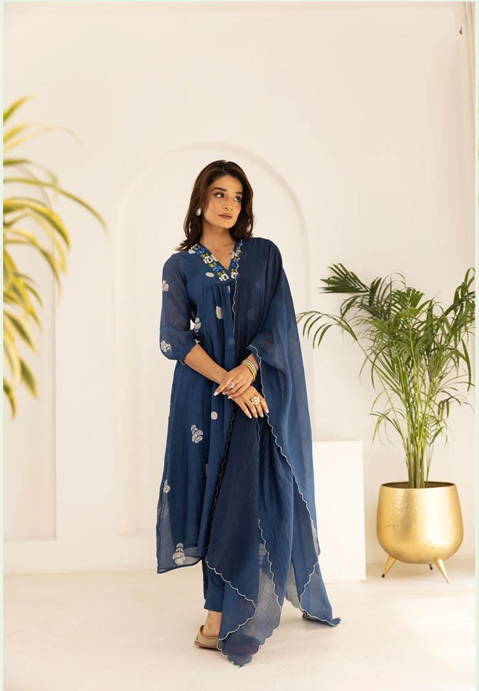 Navy Blue Mul Cotton Polka Dot Kurta Set | Festive 3Pc Suit with Bead Embroidery