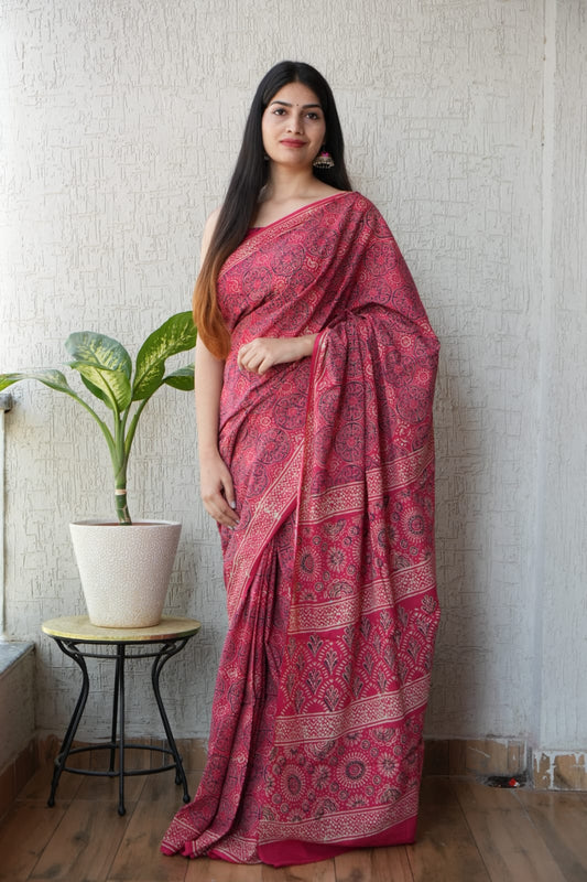Pink Traditional Print Cotton Saree (BFCS03)