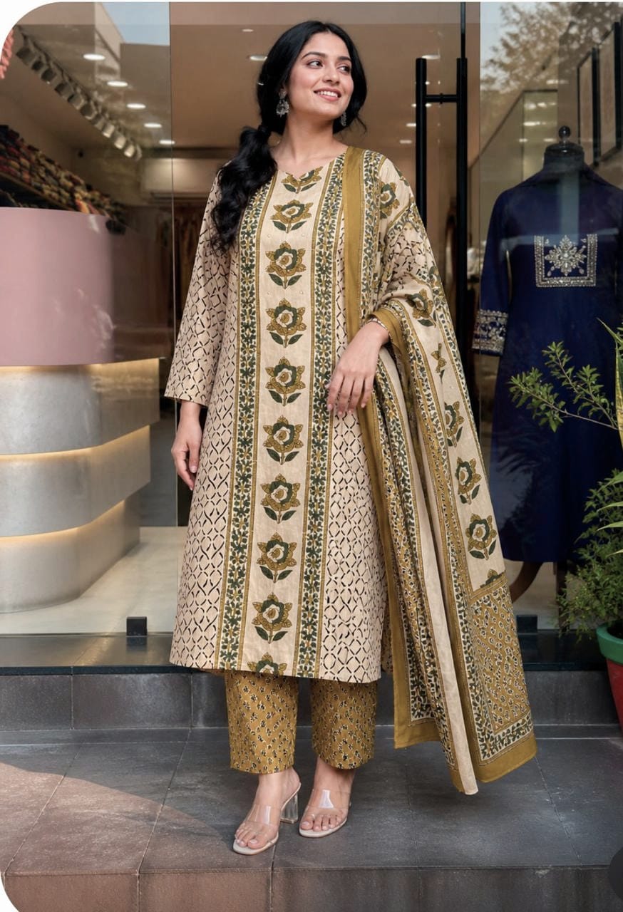 Beige & Green Floral Print Cotton Straight Kurti Set with Sequence Work
