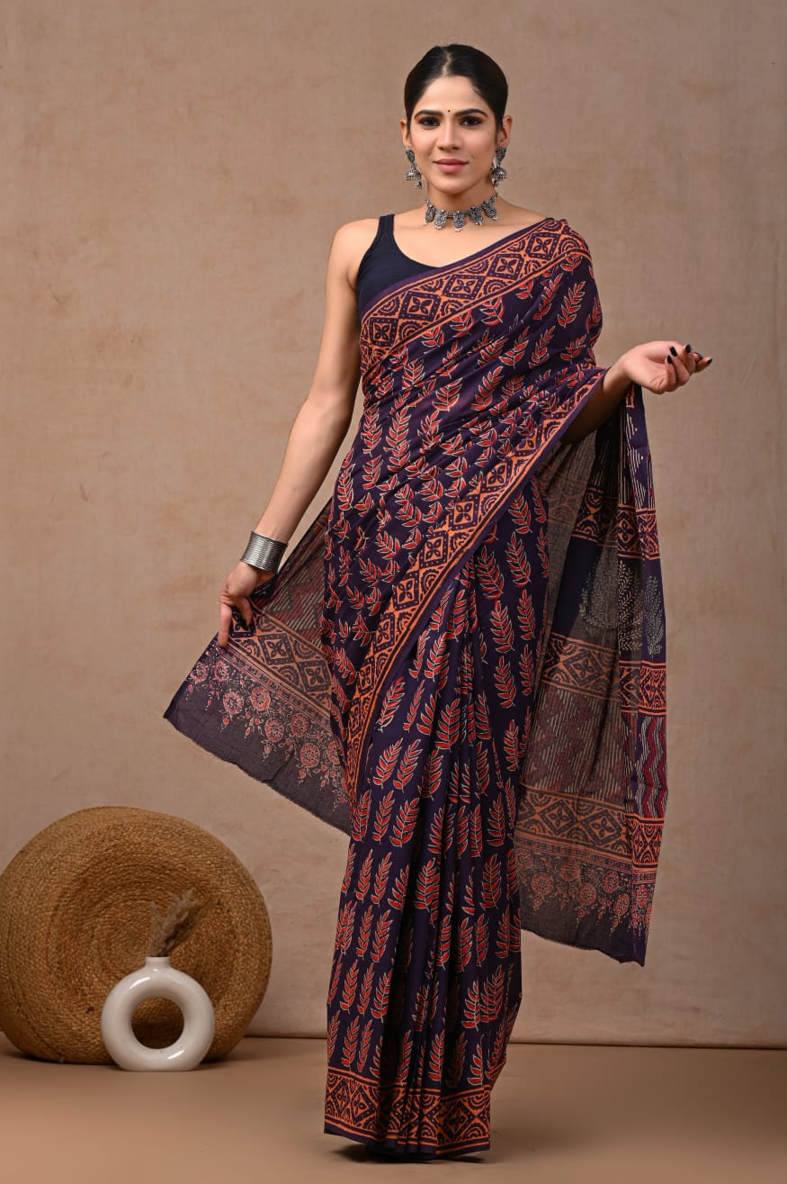 Traditional Authentic Hand Block Printed Pure Organic Cotton Sarees With matching Blouse