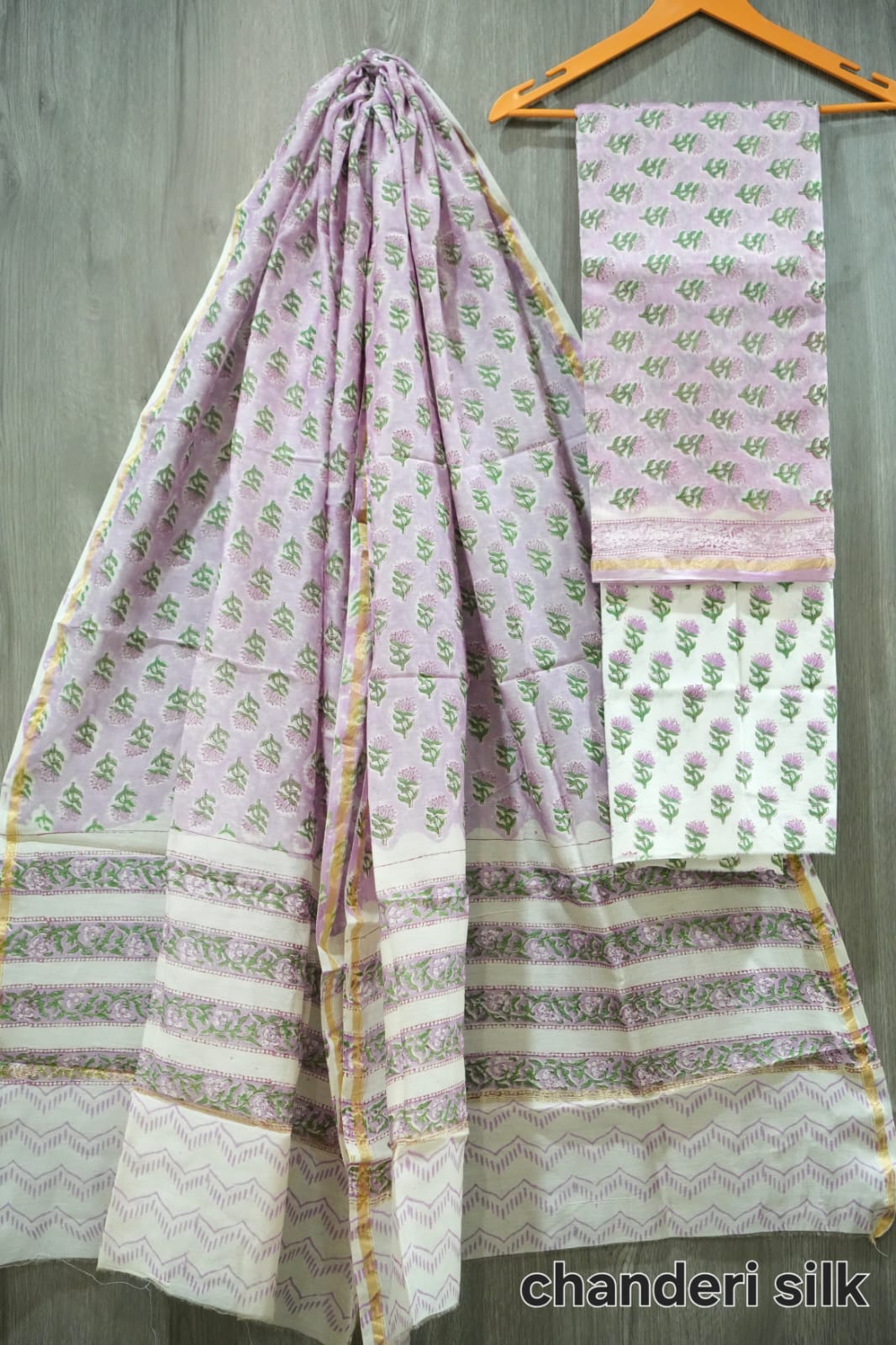 Lavender & Green Floral Butti Hand Block Print Chanderi Silk Dress Material (BFCHS30)