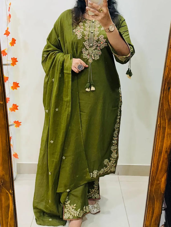 Olive Green Heavy Embroidery Silk Kurti Palazzo Dupatta Set