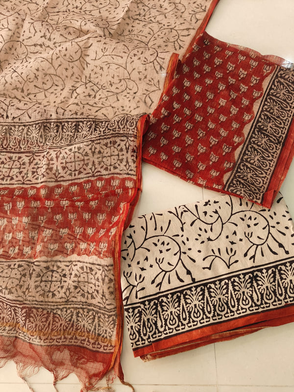 Rust Red Cream Lotus Buti Hand block print suit set