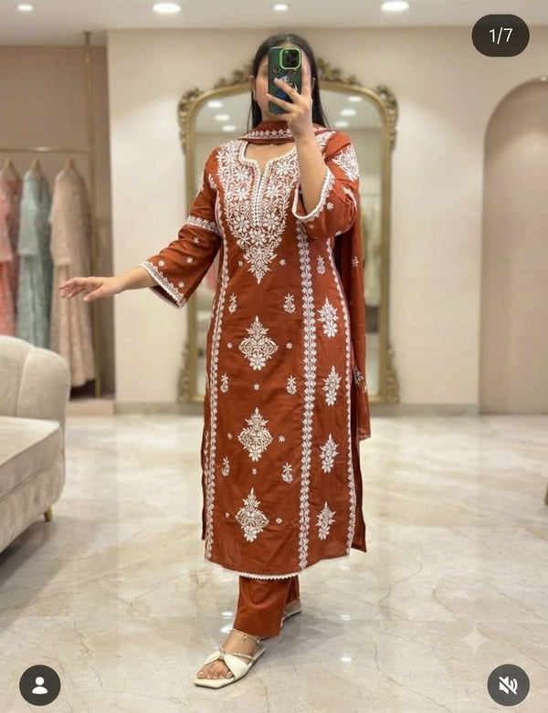 Rust Orange Chikankari Embroidered Cotton Suit Set for Women