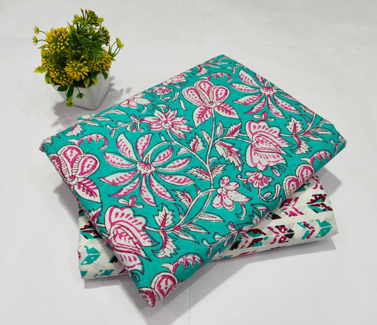 Green Cotton Fabric with Pink Floral Print – Stylish Printed Cotton Material(BFTB03)
