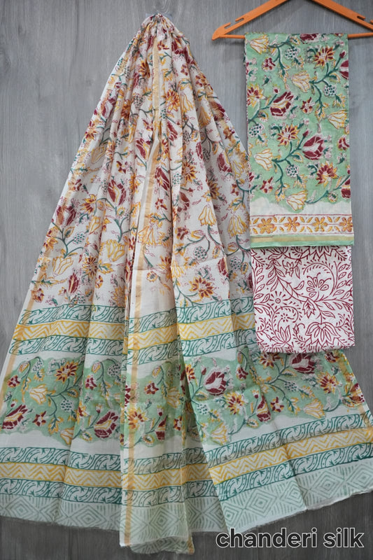 Mint Green & Maroon Hand Block Print Chanderi Silk Dress Material (BFCHS06)