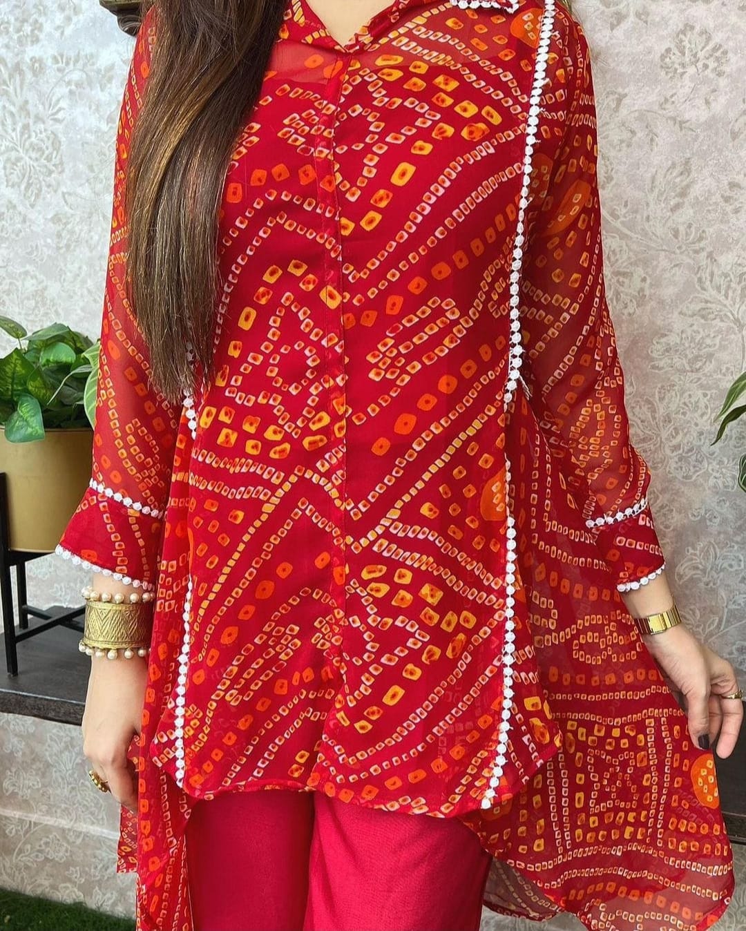 Red Bandhani Print Asymmetric Kurti with Palazzo Set