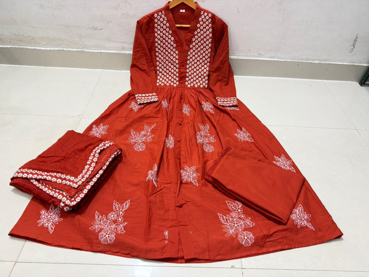 Rust Orange Cotton Embroidery Anarkali Kurti Pant Dupatta Set