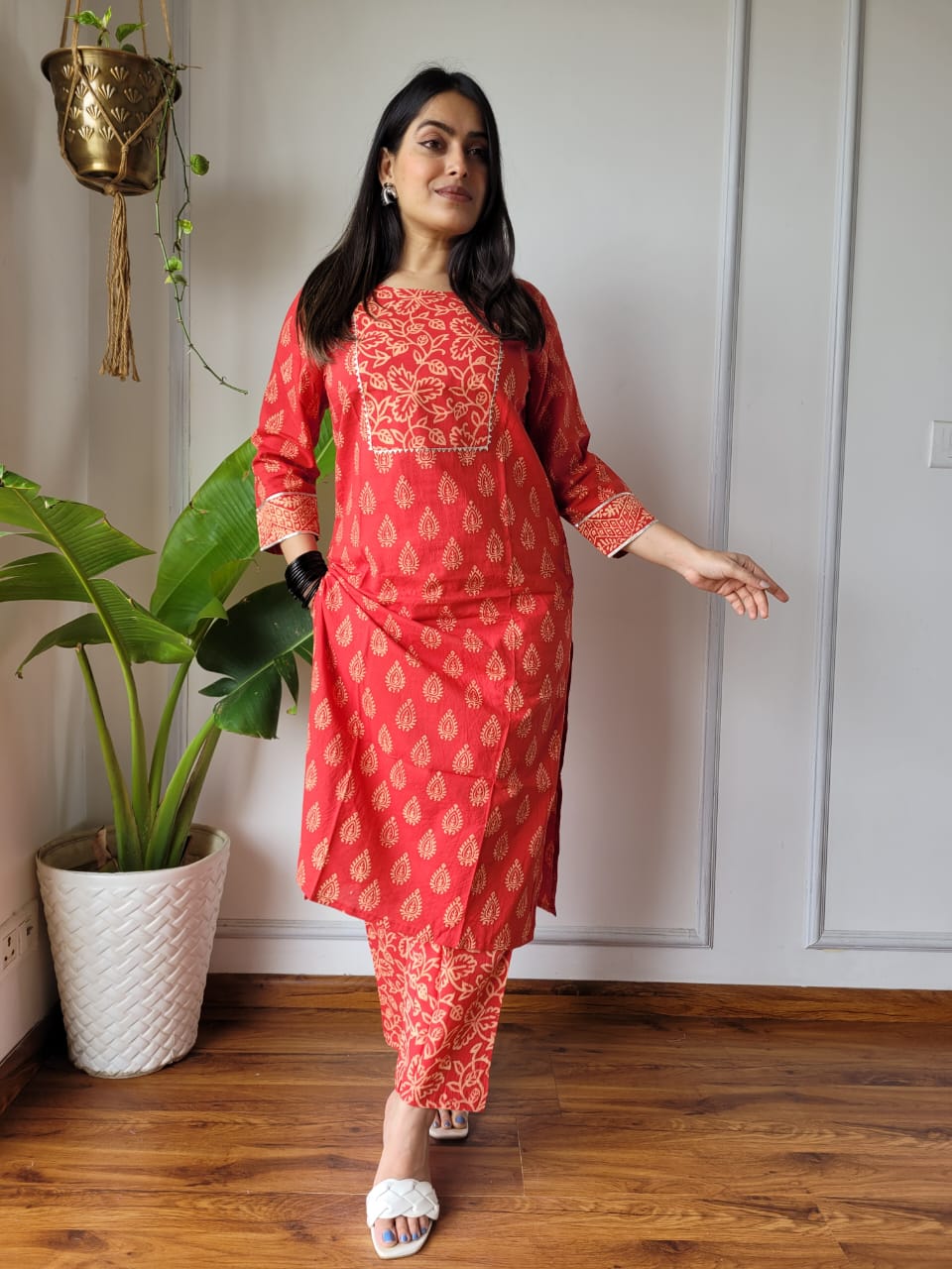 Red Printed Cotton Kurti Pant Set for Women