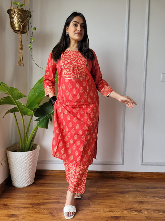 Red Printed Cotton Kurti Pant Set for Women