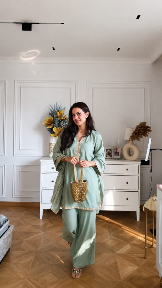 Sage Green Pure Banana Silk Plazo Suit Set | Designer 3Pc Kurta with Jacquard Dupatta