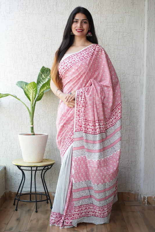 Pink White Printed Cotton Saree – Soft Cotton Saree for Women (BFCS41)
