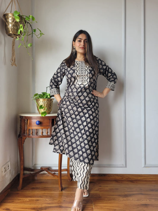 Black Traditional Cotton Kurti Pant Set for Women | Elegant Ethnic Wear