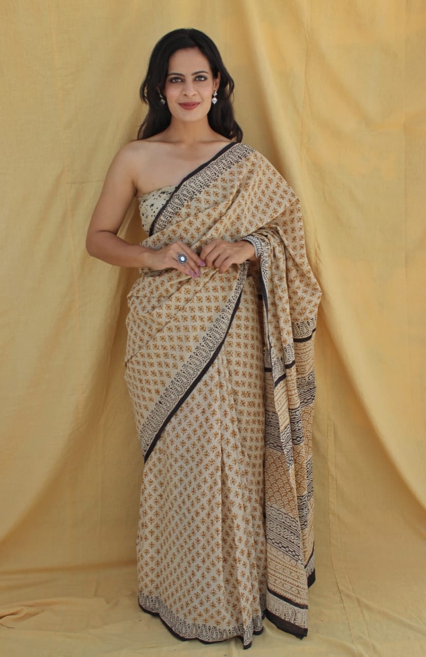 Beige Printed Cotton Saree – Soft Cotton Saree for Women (BFCS22)