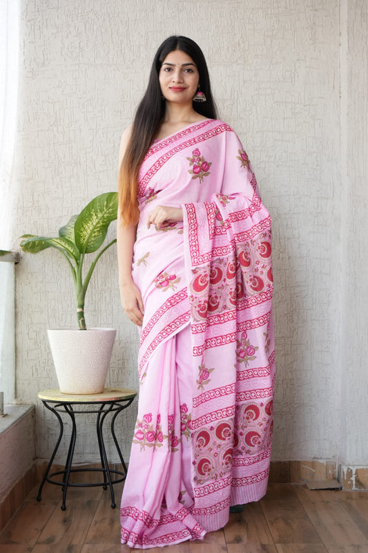 Pink Printed Cotton Saree – Soft Cotton Saree for Women (BFCS32)