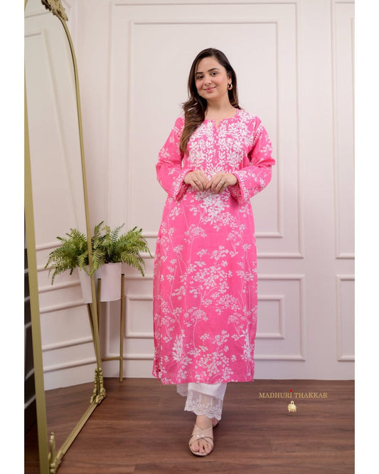Pink Chikankari Cotton Kurti Pant Set | Stylish Ethnic Outfit for Women
