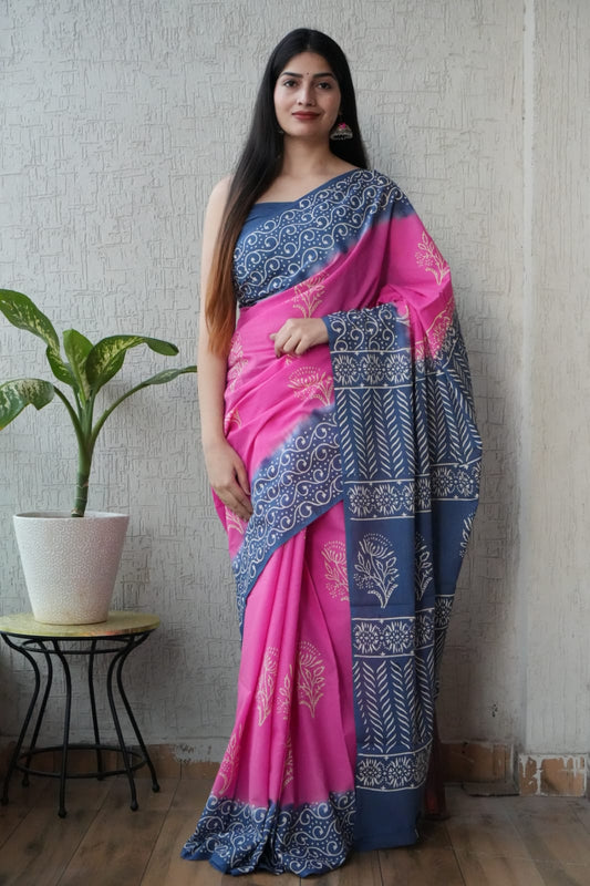 Blue Pink Designer Cotton Saree – Soft Cotton Saree for Women (BFCS42)