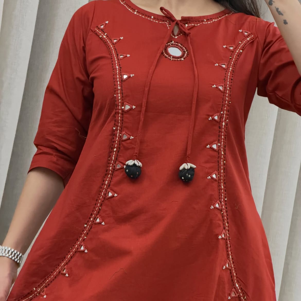 Rust Red Embroidered Kurti with Pant & Malmal Dupatta