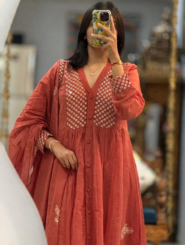 Rust Orange Cotton Embroidery Anarkali Kurti Pant Dupatta Set