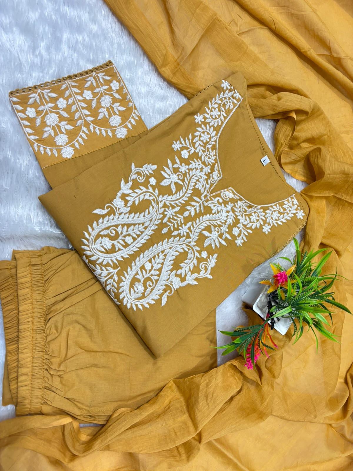 Mustard Embroidered Cotton Kurta Pant Set with Dupatta