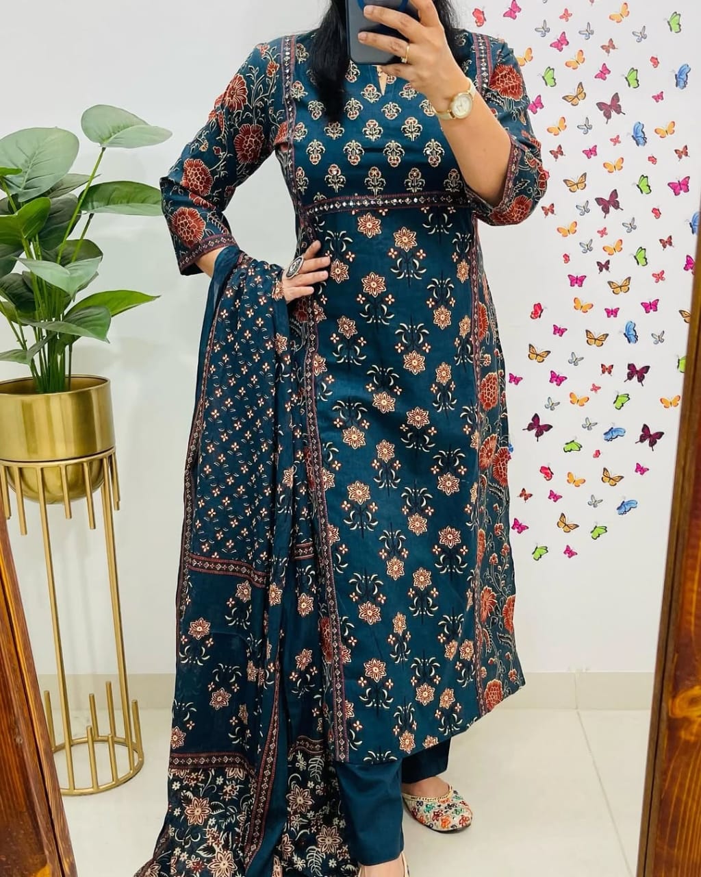 Teal Blue Cotton Kurti Pant Dupatta Set