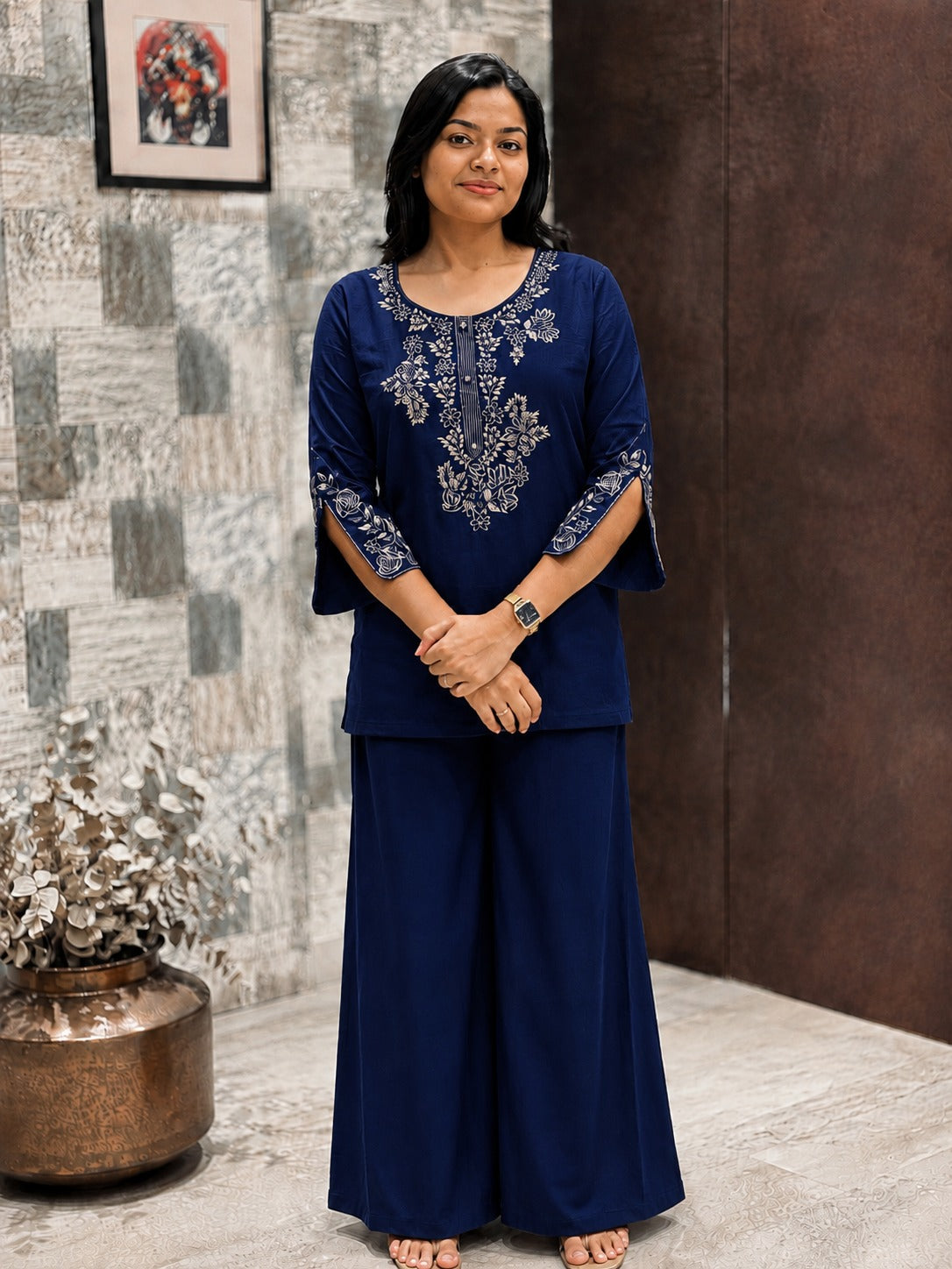 Navy Blue Cotton Embroidered Co-ord Set with Plazo