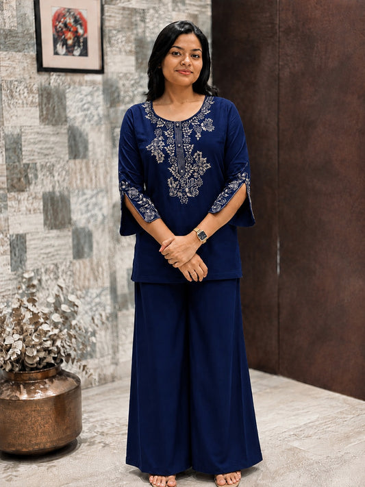 Navy Blue Cotton Embroidered Co-ord Set with Plazo