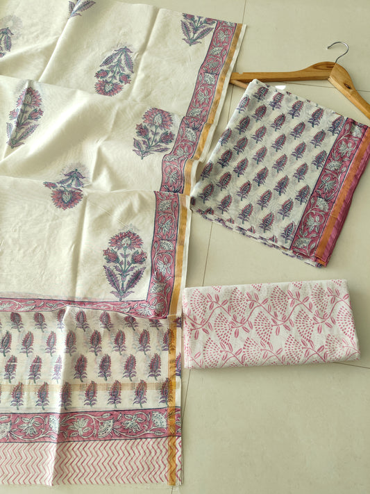 EXCLUSIVE HAND BLOCK CHANDERI SILK SUIT SET WITH CHANDERI DUPATTA