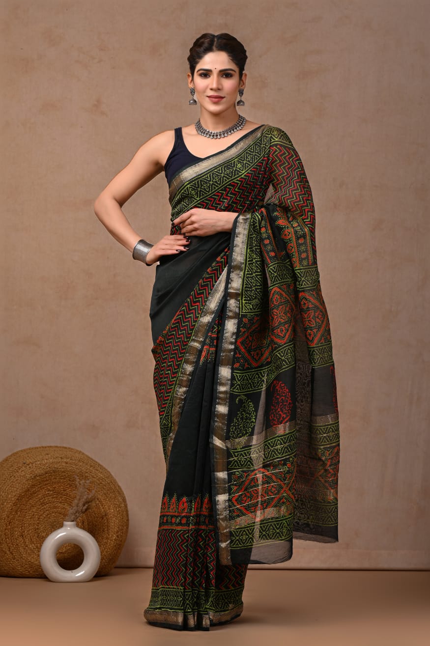 New Designer Hand Block Print Maheshwari Silk Saree (BFMSARE79)