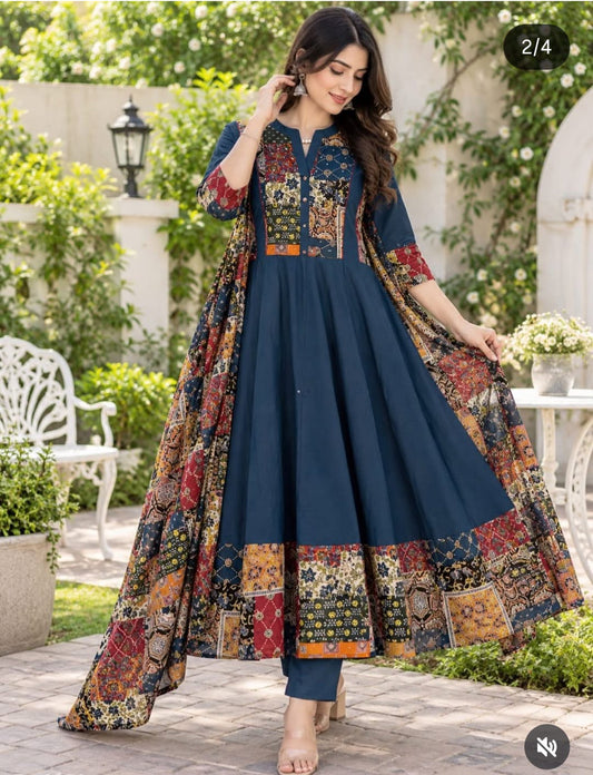 Navy Blue Premium Cotton Anarkali Suit for Women