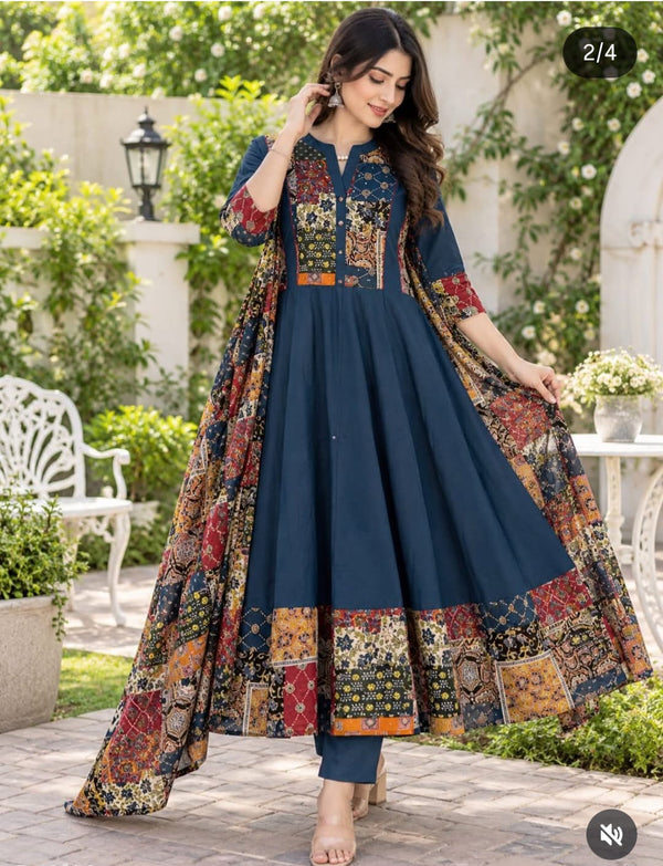 Navy Blue Premium Cotton Anarkali Suit for Women