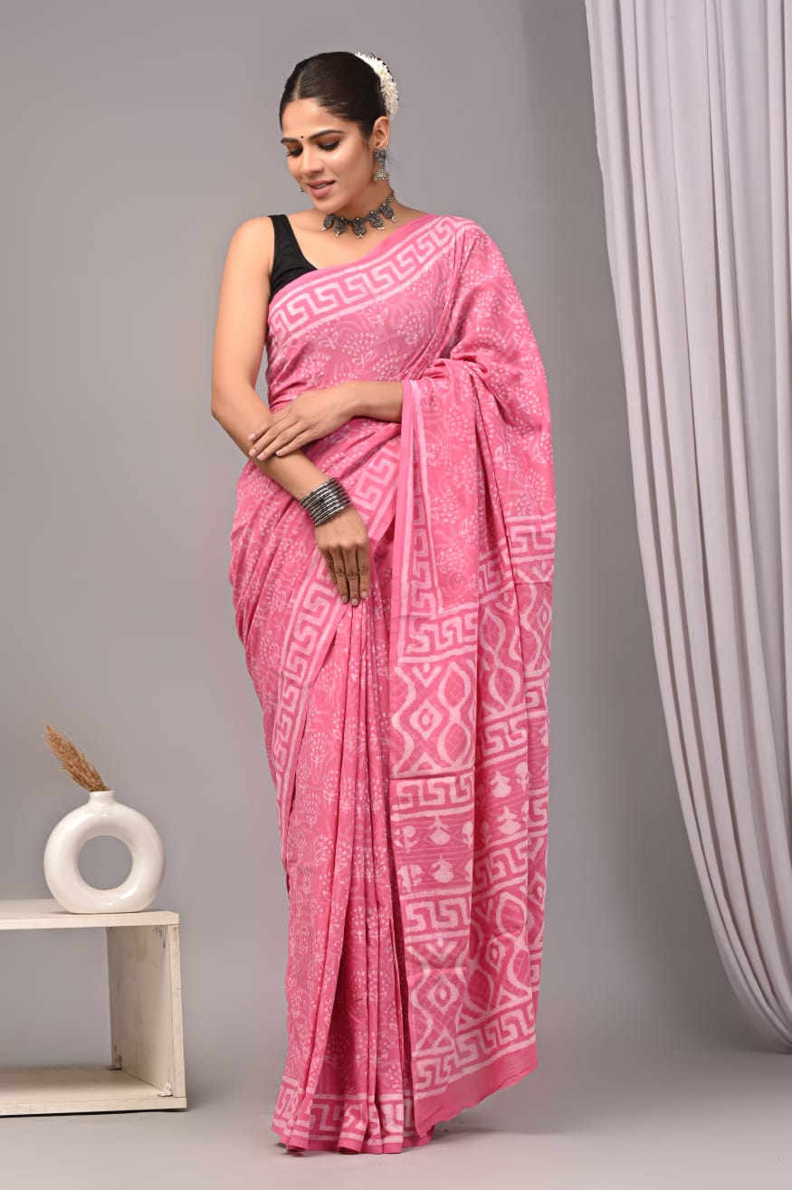 Traditional Authentic Hand Block Printed Pure Organic Cotton Sarees With matching Blouse