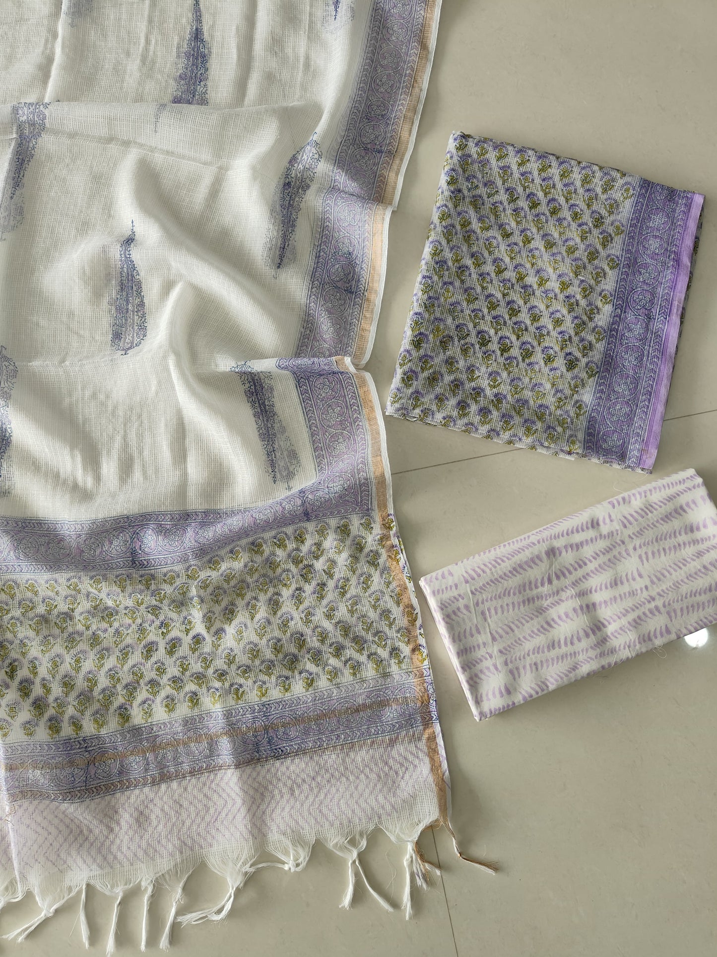 White & Lavender Floral Buti Block Print Kota Doriya Suit (BFFKO96)