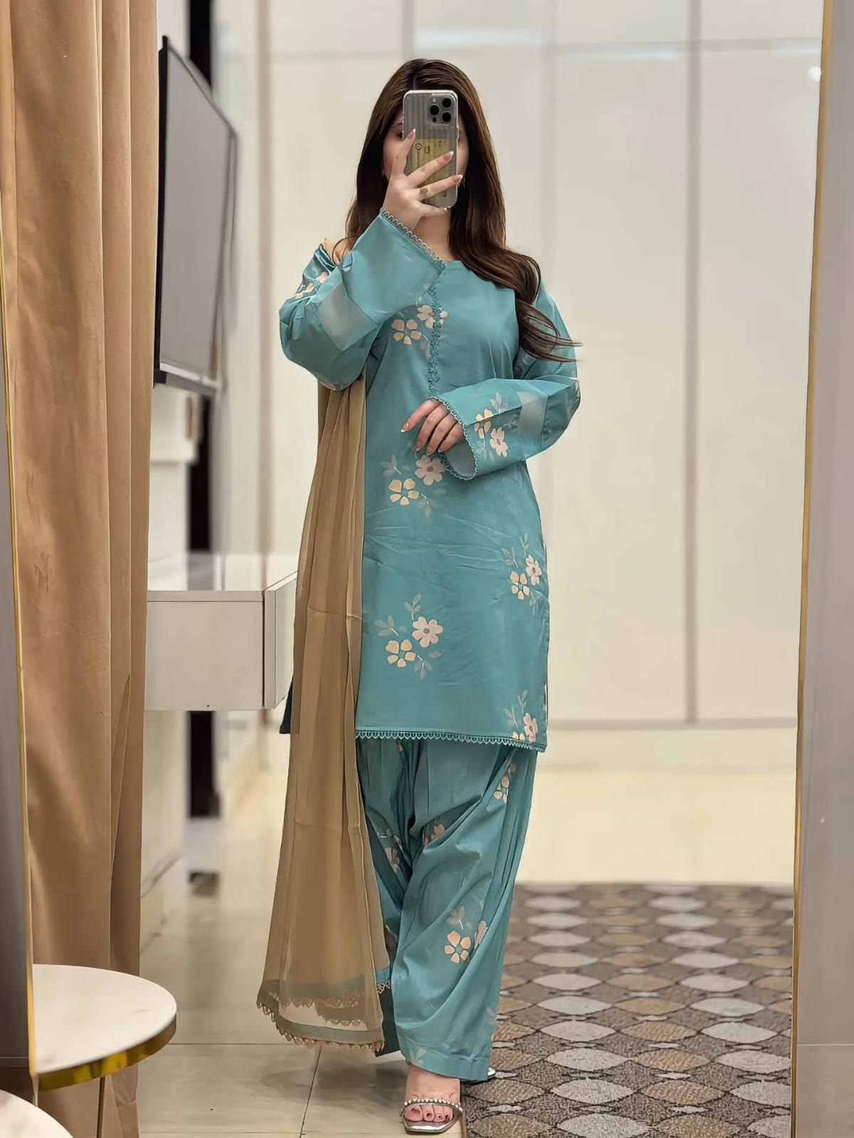 Sea Green Cotton Farshi Salwar Suit Set | Floral Print Kurta with Nazmin Dupatta