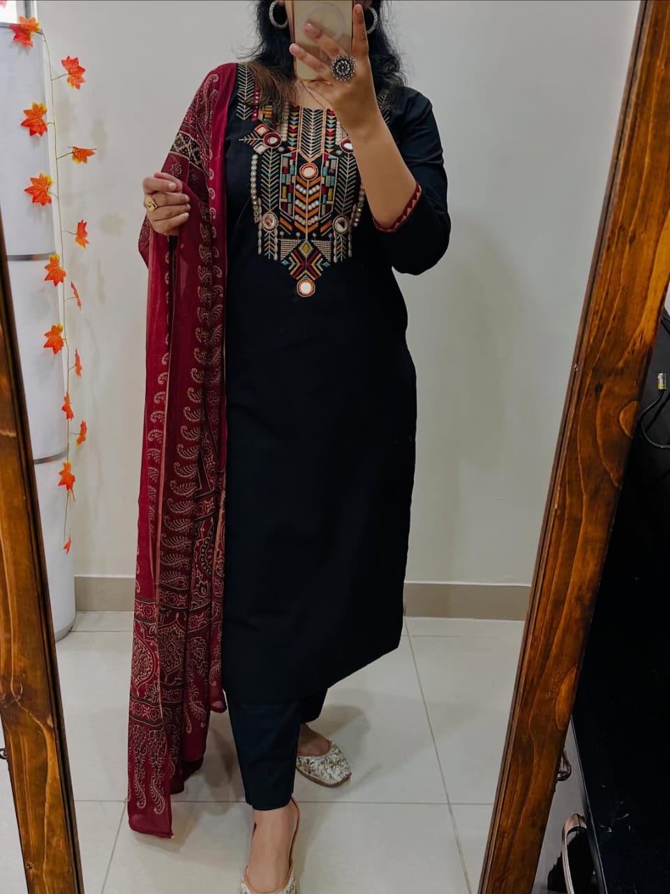 Stylish Black Cotton Kurta Pant Set with Maroon Ajrakh Dupatta