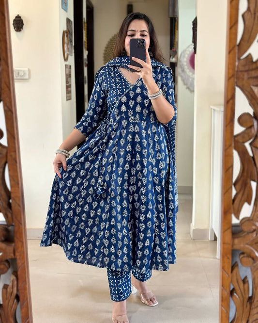 Indigo Blue Cotton Suit with Cotton Dupatta