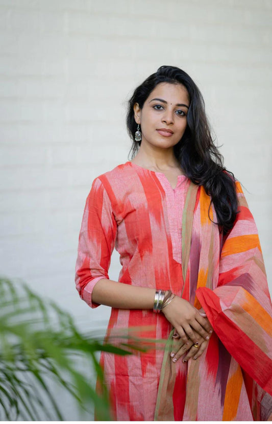 Coral Red Ikat Print Handloom Cotton Kurti Set