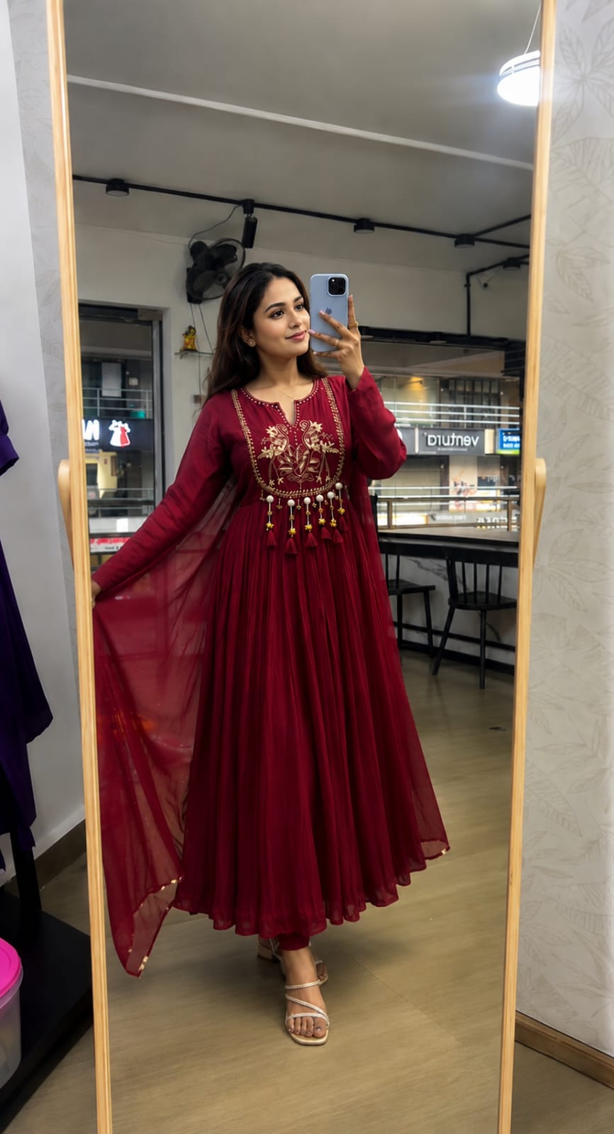 Maroon Embroidered Anarkali 3-Piece Suit Set |