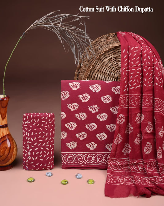 COTTON SUIT WITH CHIFFON DUPATTA  Bagru Fashions