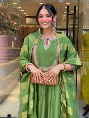 Featuring Beautiful Suit Sets in Pure Mul Chanderi Top with pent, And Banarasi Jequard Duppata it is beautifully decorated desgins With Embroidery Sequence Full Nack