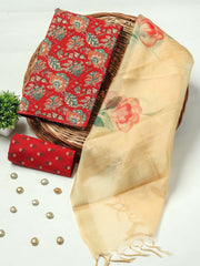 New Floral Hand Block Printed Cotton Suit With Organza Dupatta(BFOR76)
