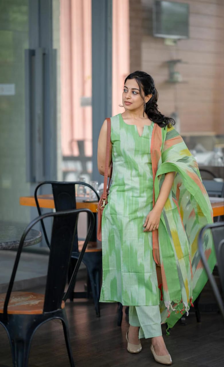Mint Green Ikat Print Handloom Cotton Kurti Set