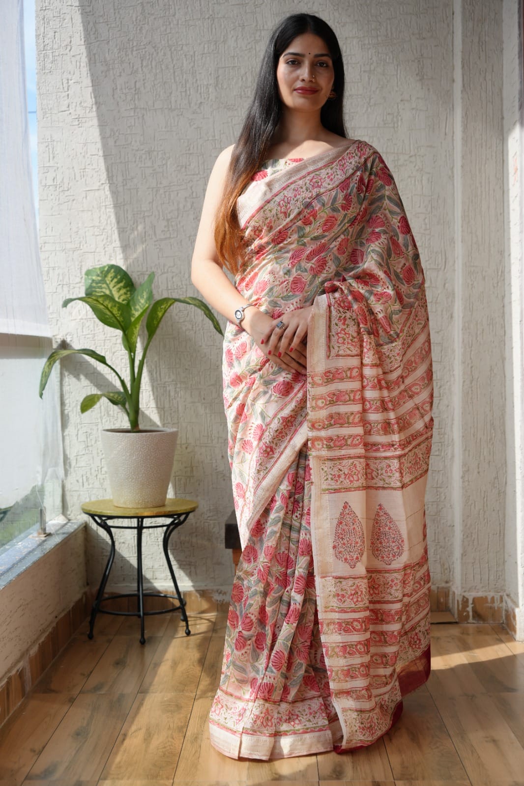 New Designer Hand Block Print Maheshwari Silk Saree (BFMSARE01)