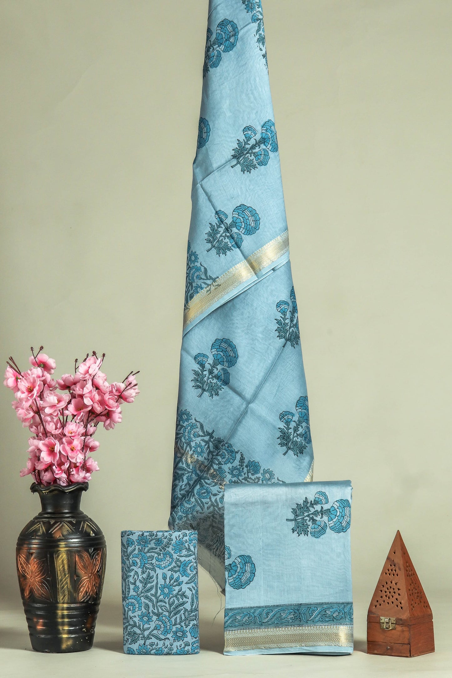 Premium Hand Block Printed Maheshwari Silk Suit(BFMAH64)