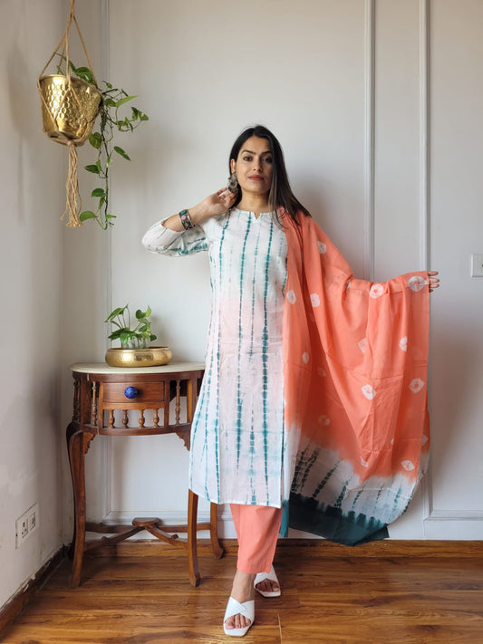 White & Teal Shibori Tie-Dye Cotton Suit for Women
