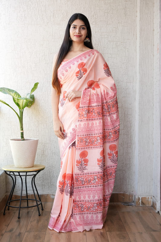Peach Hand Block Printed Cotton Saree with Blouse  (BFCS62)