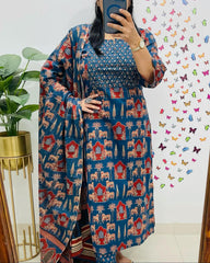 *New Launch*

*Mark a change in your wardrobe by wearing our exclusive range of Premium Rayon 3pcs Kurti set With Beautiful katha and hand work on kurti neck and traditional print malmal Fabric Dupatta*
