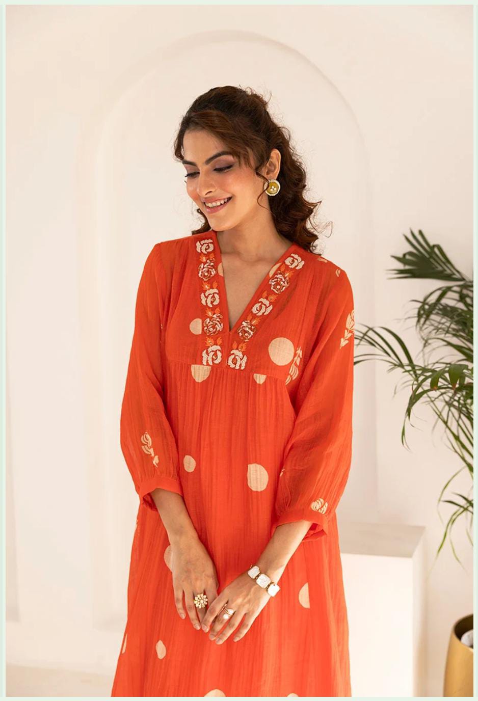 Orange Mul Cotton Polka Dot Kurta Set | Festive 3Pc Suit with Bead Embroidery