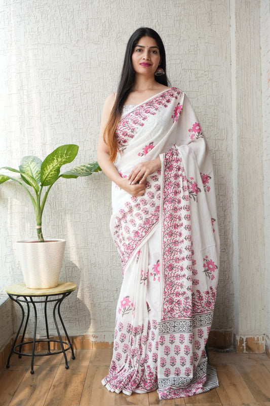 White Floral Printed Cotton Saree – Soft Cotton Saree for Women (BFCS08)